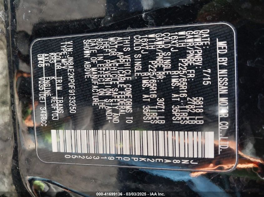 2015 Nissan Quest Platinum/S/Sl/Sv VIN: JN8AE2KP0F9133250 Lot: 41699136