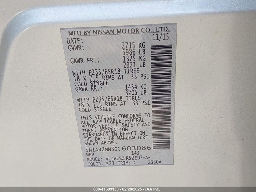 2016 Nissan Pathfinder Platinum/S/Sl/Sv VIN: 5N1AR2MN3GC603086 Lot: 41699138