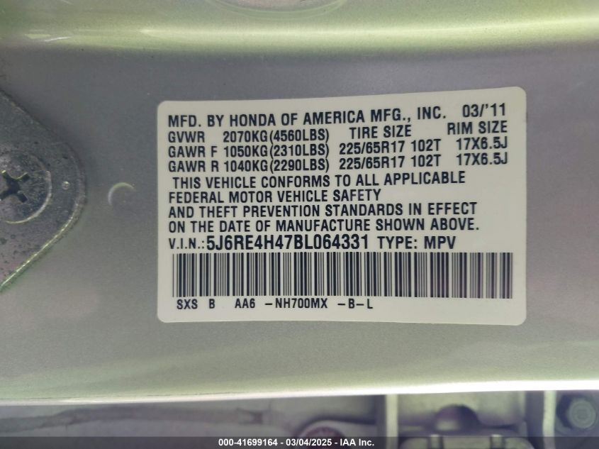 2011 Honda Cr-V Se VIN: 5J6RE4H47BL064331 Lot: 41699164