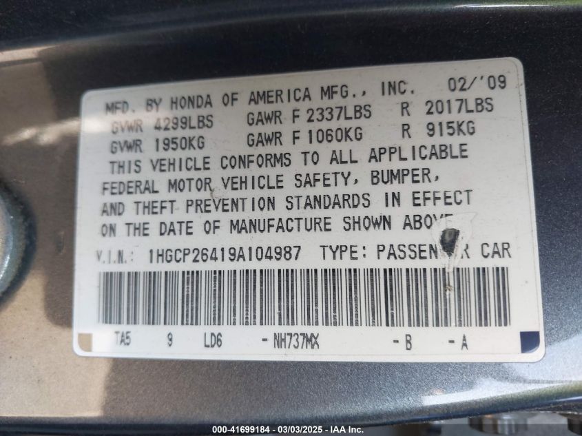 2009 Honda Accord 2.4 Lx-P VIN: 1HGCP26419A104987 Lot: 41699184
