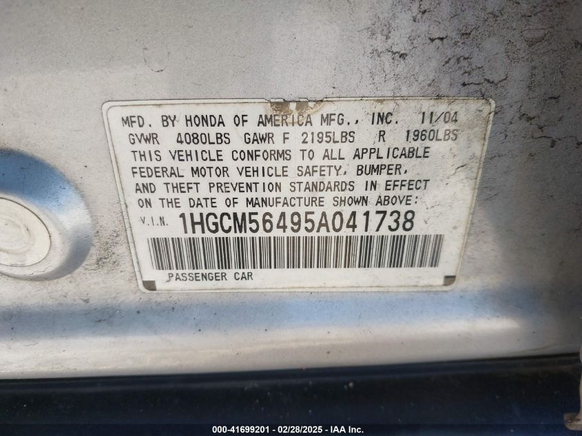 2005 Honda Accord 2.4 Lx VIN: 1HGCM56495A041738 Lot: 41699201