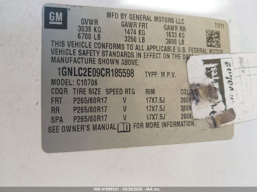 2012 Chevrolet Tahoe Commercial Fleet VIN: 1GNLC2E09CR185598 Lot: 41699321