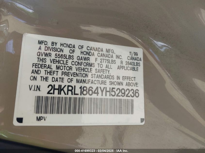 2000 Honda Odyssey Ex VIN: 2HKRL1864YH529236 Lot: 41699323