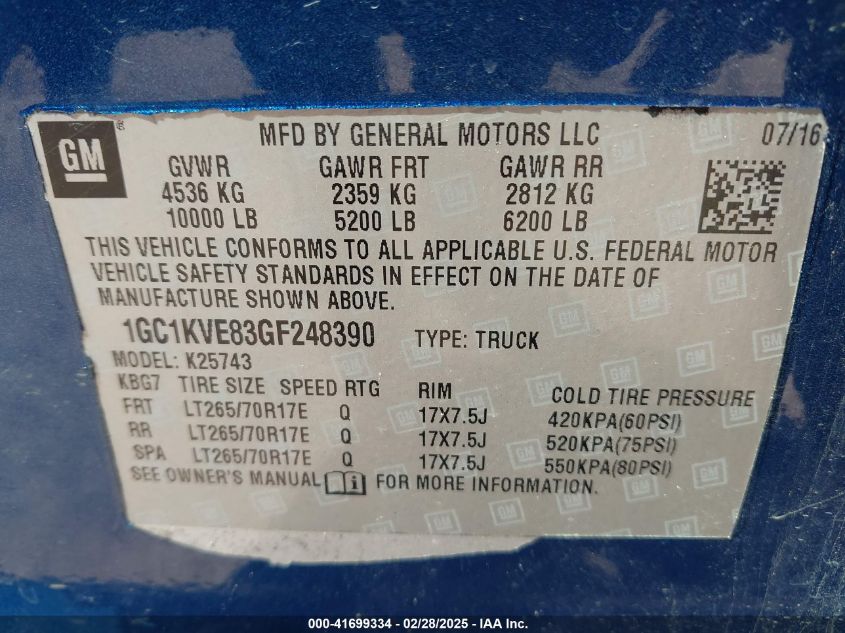 2016 Chevrolet Silverado 2500Hd Lt VIN: 1GC1KVE83GF248390 Lot: 41699334