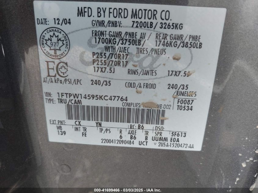 2005 Ford F-150 Fx4/Lariat/Xlt VIN: 1FTPW14595KC47764 Lot: 41699466