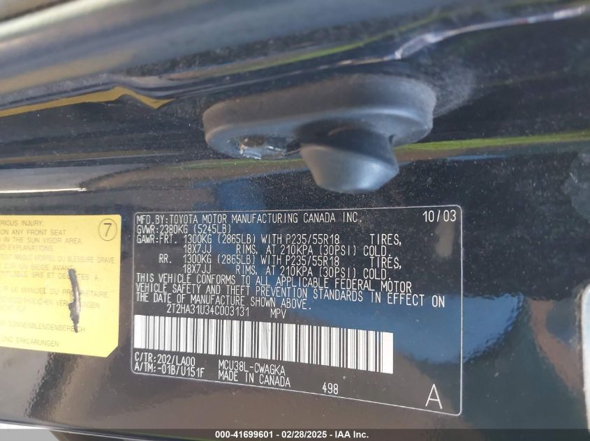 2004 Lexus Rx 330 VIN: 2T2HA31U34C003131 Lot: 41699601