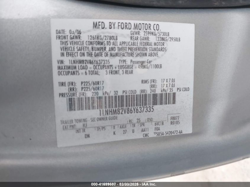 2006 Lincoln Town Car Signature Limited VIN: 1LNHM82V86Y637335 Lot: 41699607