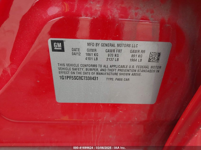 2012 CHEVROLET CRUZE VIN: 1G1PF5SC8C7338431