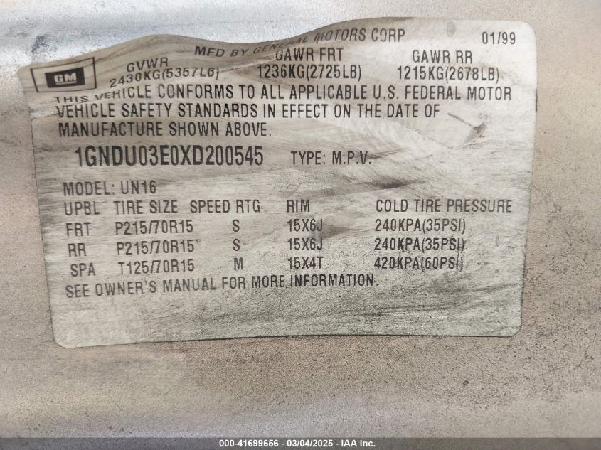 1999 Chevrolet Venture VIN: 1GNDU03E0XD200545 Lot: 41699656