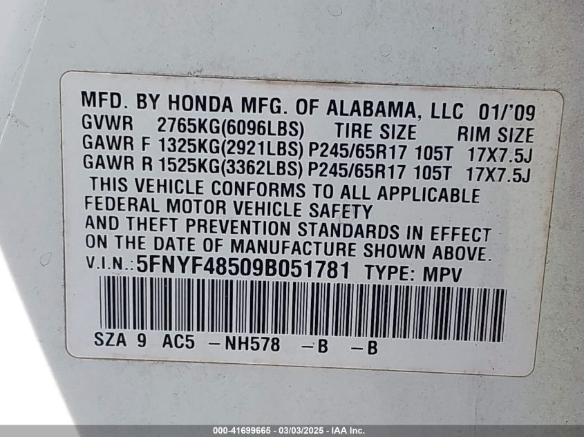 2009 Honda Pilot Ex-L VIN: 5FNYF48509B051781 Lot: 41699665