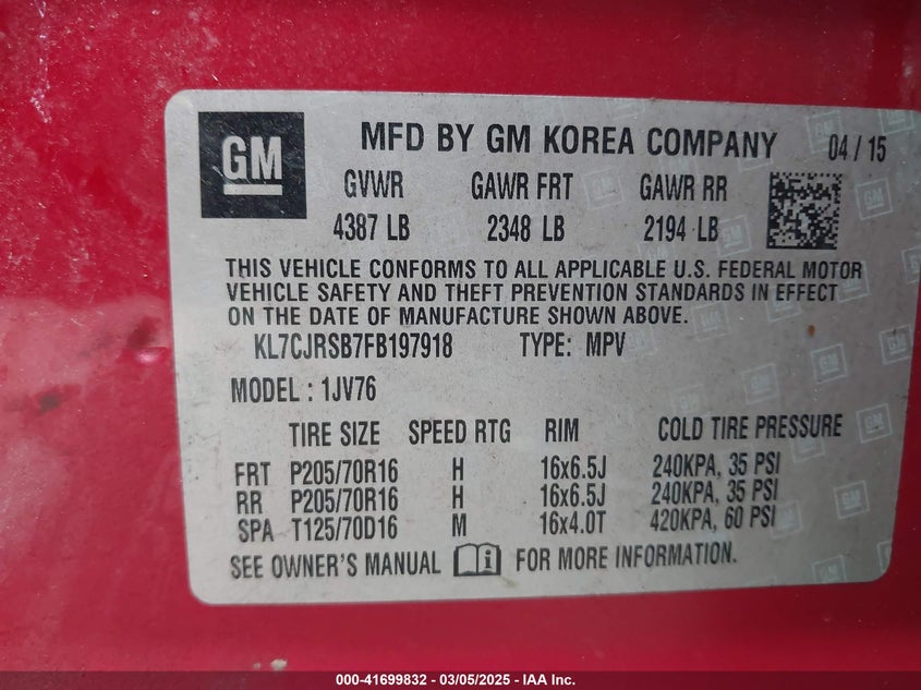 2015 CHEVROLET TRAX LT - KL7CJRSB7FB197918