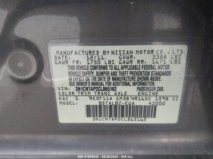 2012 NISSAN VERSA VIN: 3N1CN7AP2CL865162