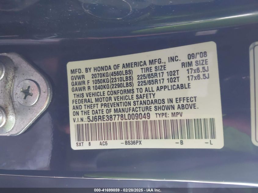 2008 Honda Cr-V Ex-L VIN: 5J6RE38778L009049 Lot: 41699859