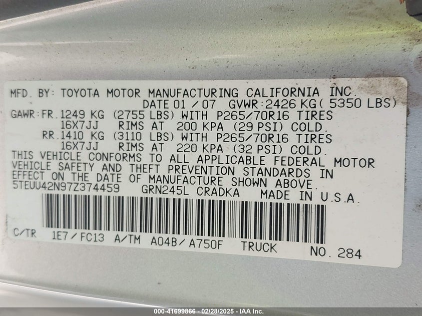 2007 TOYOTA TACOMA VIN: 5TEUU42N97Z374459