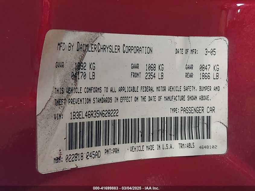 2005 Dodge Stratus Sxt VIN: 1B3EL46R35N628222 Lot: 41699883