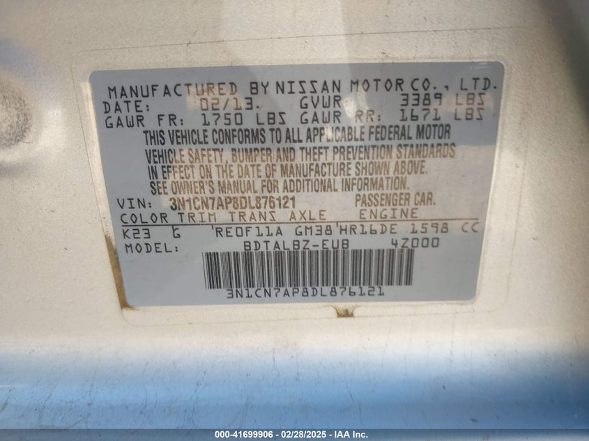 2013 NISSAN VERSA VIN: 3N1CN7AP8DL876121