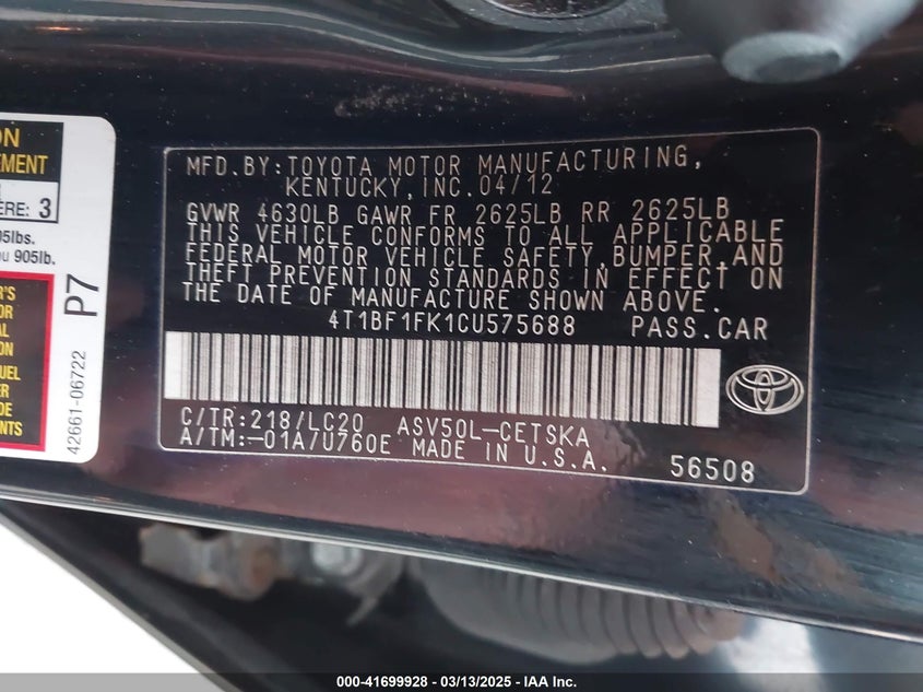2012 TOYOTA CAMRY VIN: 4T1BF1FK1CU575688