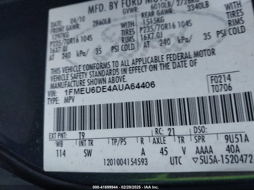 2010 FORD EXPLORER VIN: 1FMEU6DE4AUA64406