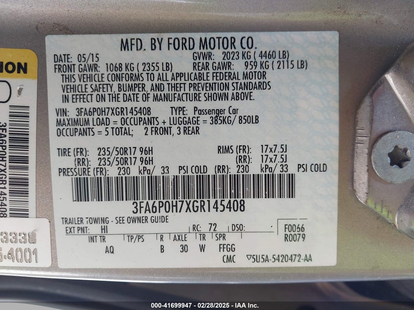 2016 FORD FUSION VIN: 3FA6P0H7XGR145408