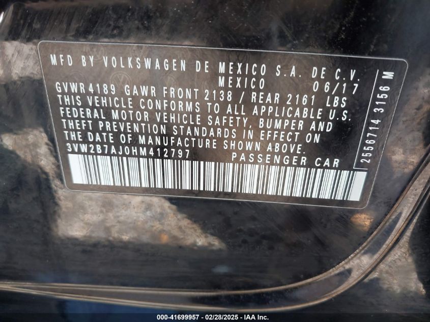 2017 Volkswagen Jetta 1.4T S VIN: 3VW2B7AJ0HM412797 Lot: 41699957