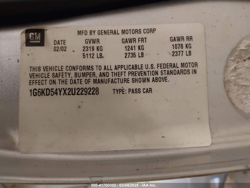 2002 Cadillac Deville Standard VIN: 1G6KD54YX2U229228 Lot: 41700003