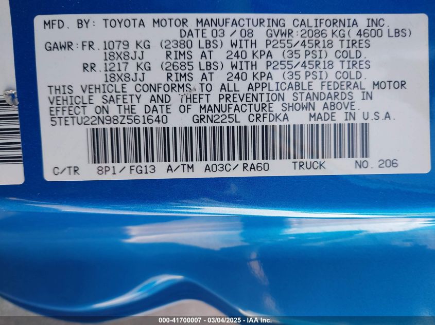 2008 Toyota Tacoma X-Runner VIN: 5TETU22N98Z561640 Lot: 41700007