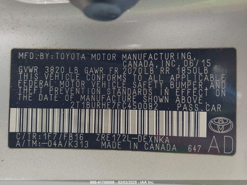 2015 Toyota Corolla Le VIN: 2T1BURHE7FC450082 Lot: 41700008