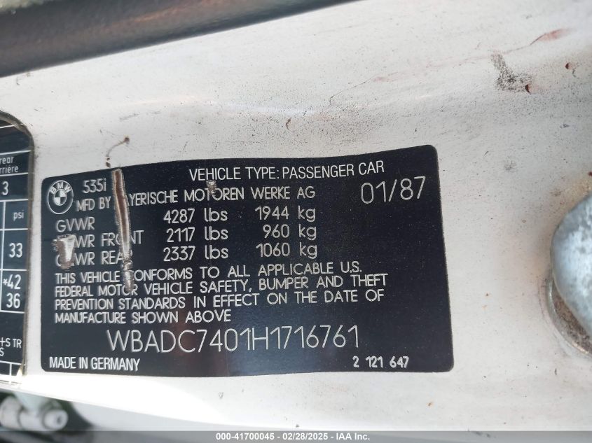 1987 BMW 535 I VIN: WBADC7401H1716761 Lot: 41700045