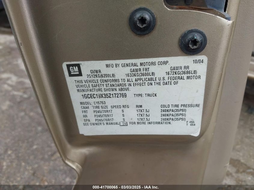 2005 Chevrolet Silverado 1500 Work Truck VIN: 1GCEC19X35Z172769 Lot: 41700065