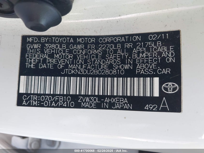 2011 TOYOTA PRIUS VIN: JTDKN3DU2B0280810