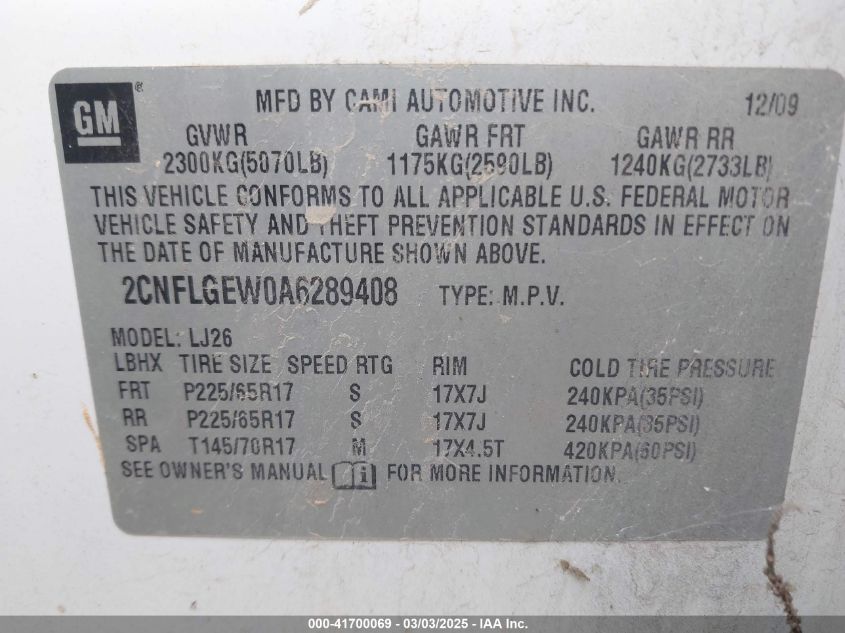 2010 Chevrolet Equinox Ltz VIN: 2CNFLGEW0A6289408 Lot: 41700069