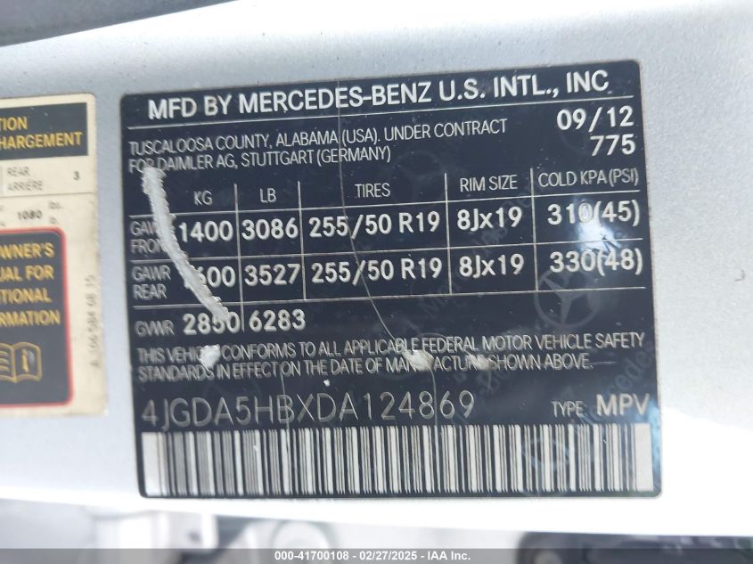 2013 Mercedes-Benz Ml 350 4Matic VIN: 4JGDA5HBXDA124869 Lot: 41700108