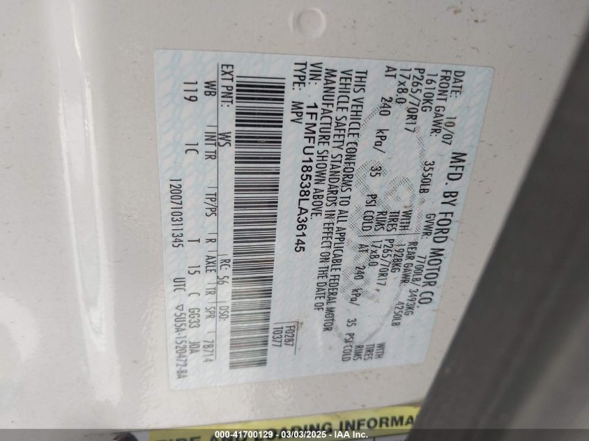 2008 Ford Expedition Eddie Bauer/King Ranch VIN: 1FMFU18538LA36145 Lot: 41700129