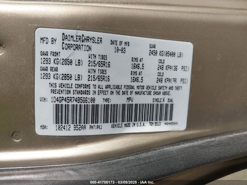 2004 Dodge Caravan Sxt VIN: 1D4GP45R74B566100 Lot: 41700173