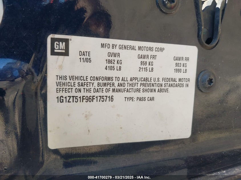2006 CHEVROLET MALIBU VIN: 1G1ZT51F96F175716