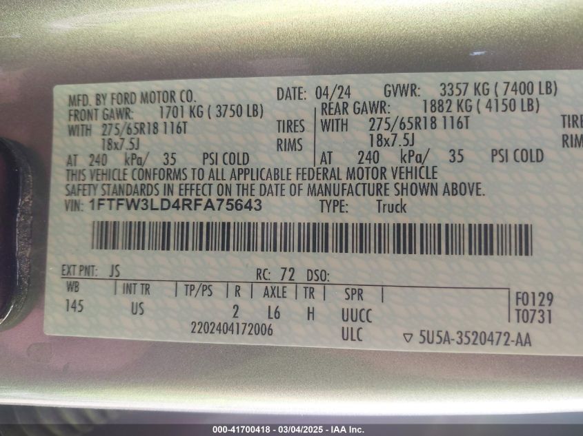 2024 Ford F-150 Xlt VIN: 1FTFW3LD4RFA75643 Lot: 41700418