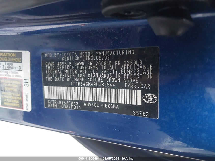 2009 TOYOTA CAMRY HYBRID VIN: 4T1BB46K49U089544