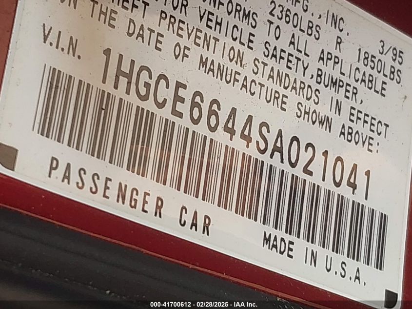 1995 Honda Accord Lx VIN: 1HGCE6644SA021041 Lot: 41700612