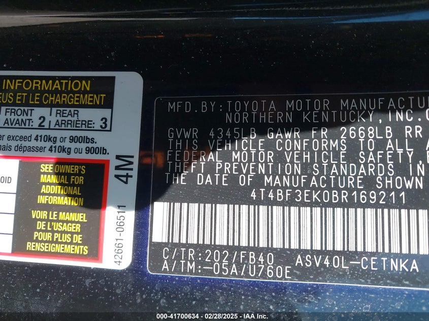 2011 TOYOTA CAMRY VIN: 4T4BF3EK0BR169211