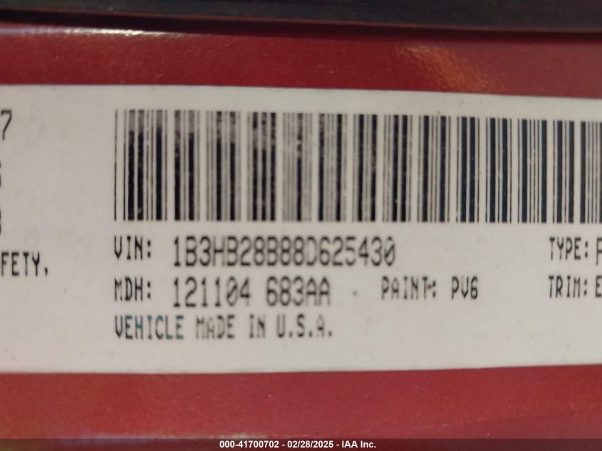 2008 Dodge Caliber Se VIN: 1B3HB28B88D625430 Lot: 41700702