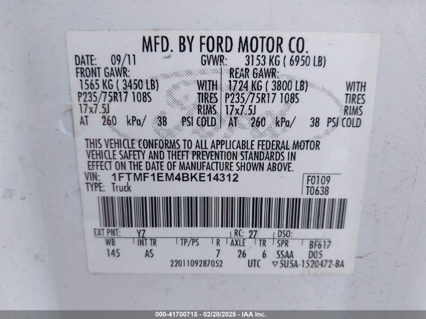 2011 Ford F-150 Xl VIN: 1FTMF1EM4BKE14312 Lot: 41700715