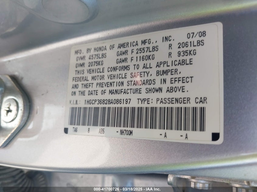 2008 HONDA ACCORD VIN: 1HGCP36828A086197