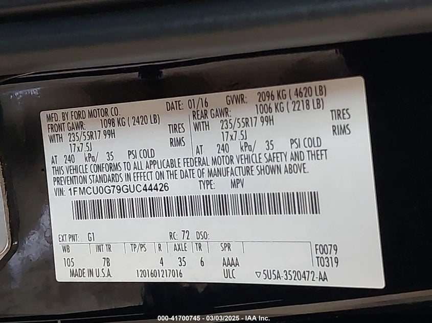 2016 FORD ESCAPE VIN: 1FMCU0G79GUC44426