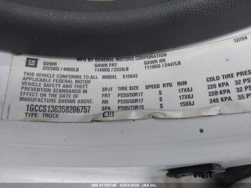 2005 Chevrolet Colorado Ls VIN: 1GCCS136358206757 Lot: 41700746