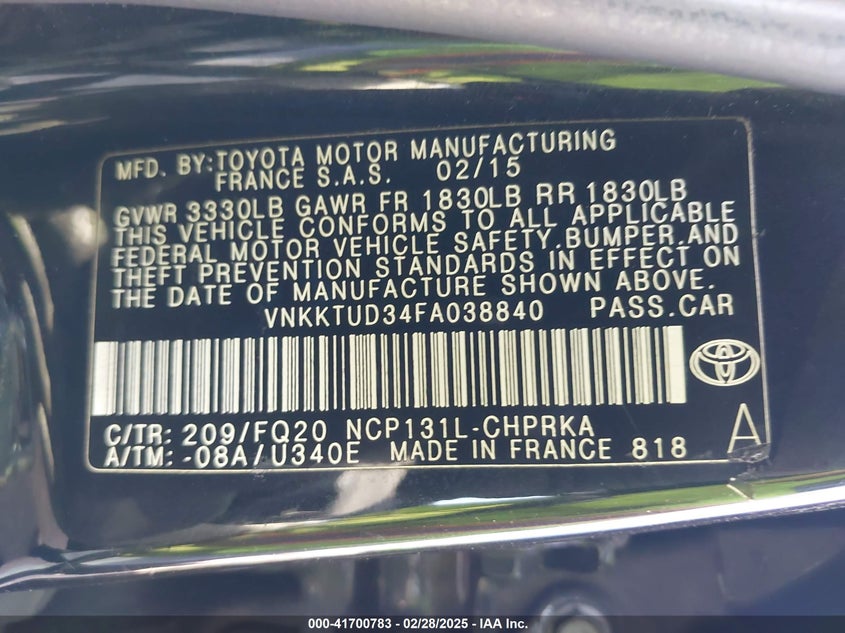 2015 TOYOTA YARIS VIN: VNKKTUD34FA038840