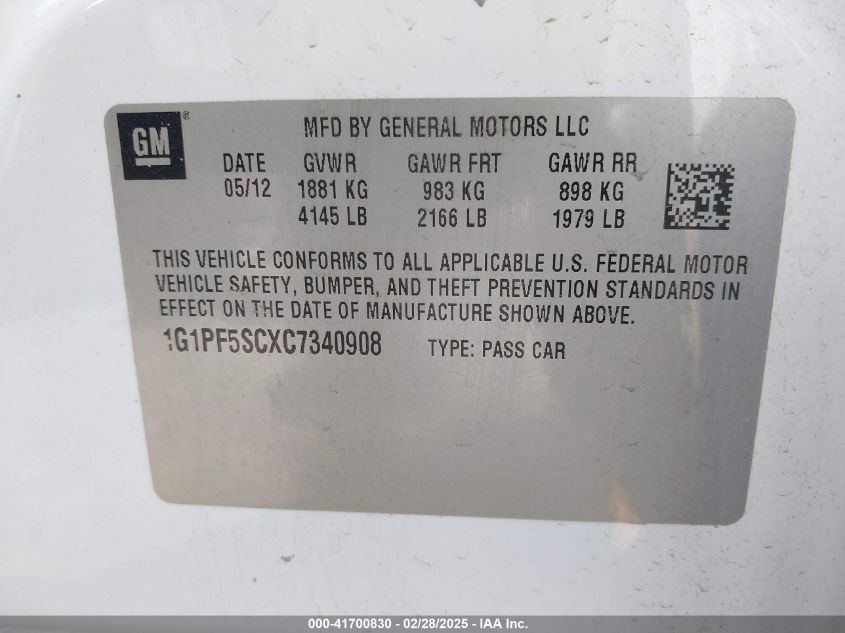 2012 Chevrolet Cruze 1Lt VIN: 1G1PF5SCXC7340908 Lot: 41700830