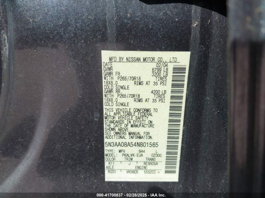 2004 Infiniti Qx56 VIN: 5N3AA08A54N801565 Lot: 41700837