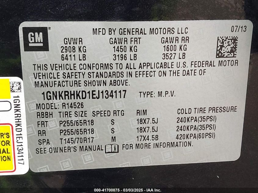 2014 Chevrolet Traverse 2Lt VIN: 1GNKRHKD1EJ134117 Lot: 41700875