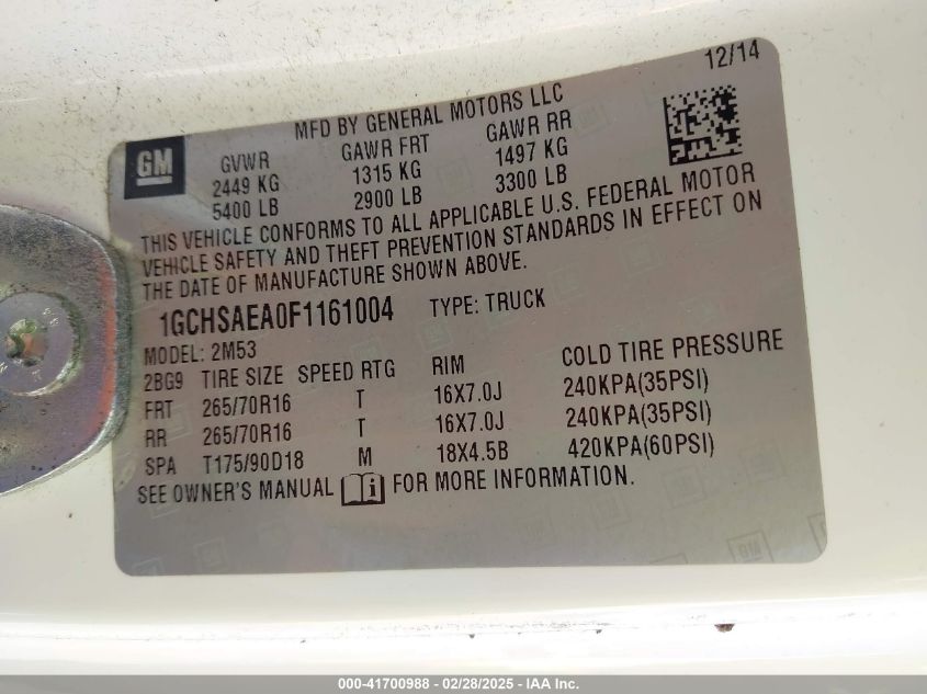 2015 Chevrolet Colorado Wt VIN: 1GCHSAEA0F1161004 Lot: 41700988