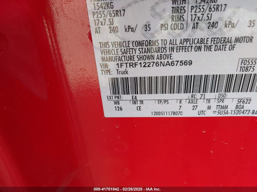 2006 Ford F-150 Stx/Xl/Xlt VIN: 1FTRF12276NA67569 Lot: 41701042